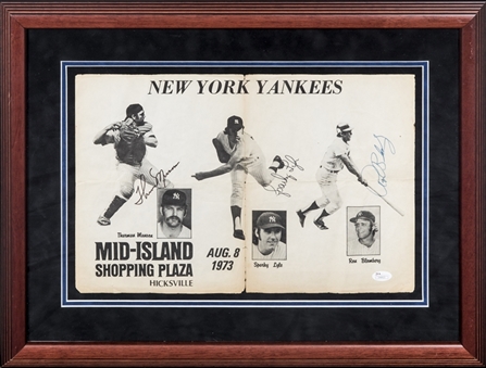 1973 Thurman Munson, Sparky Lyle & Ron Blomberg Multi Signed Personal Appearance Brochure In 24x18 Framed Display (JSA)
